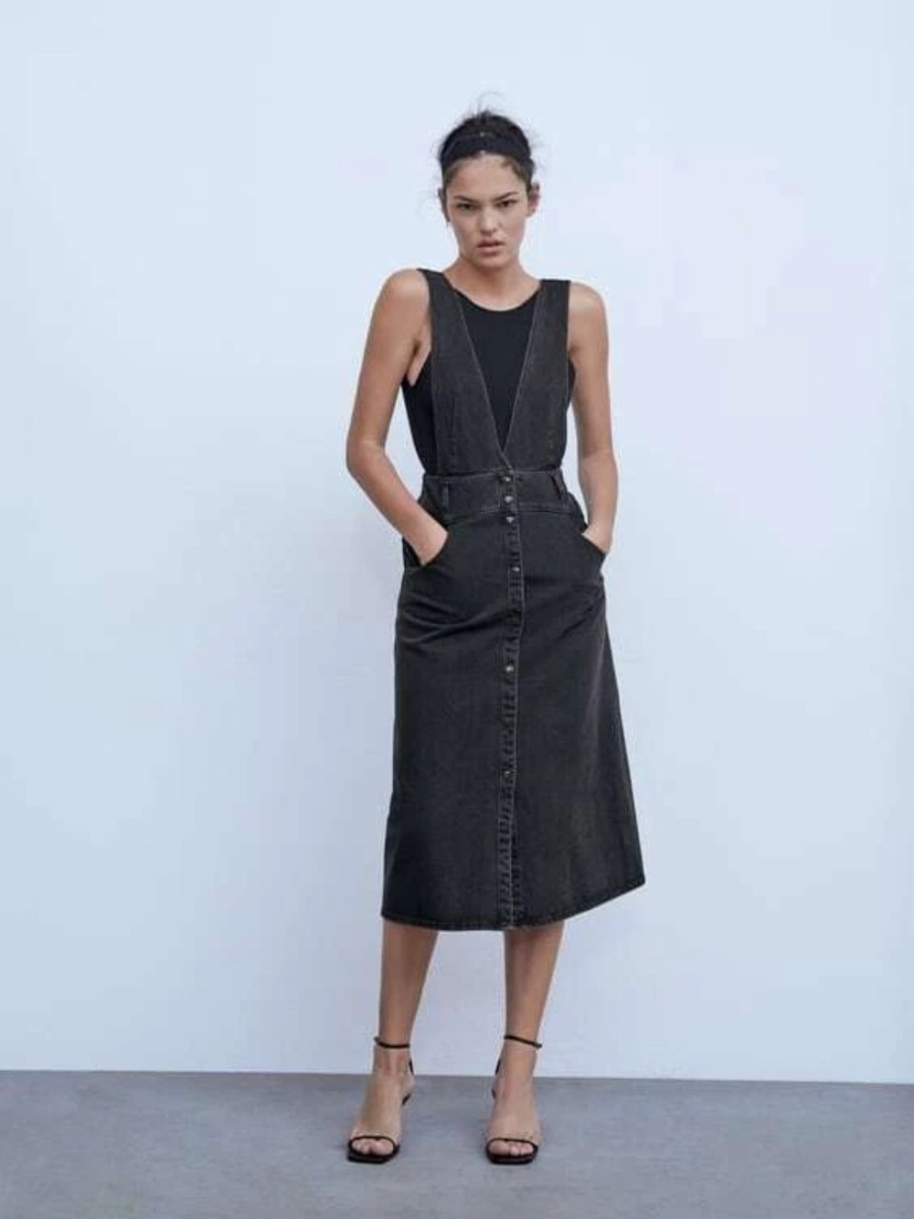 Zara Black Denim Pinafore Midi Dress with Front Buttons